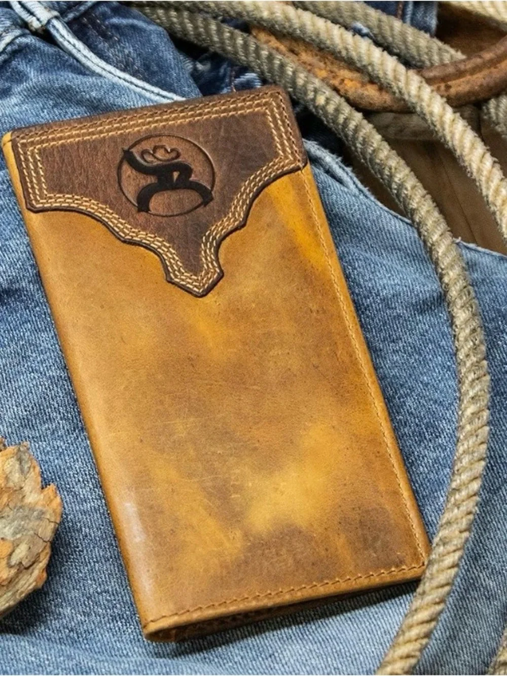 Hooey Brown Leather Checkbook Wallet with Embossed Logo